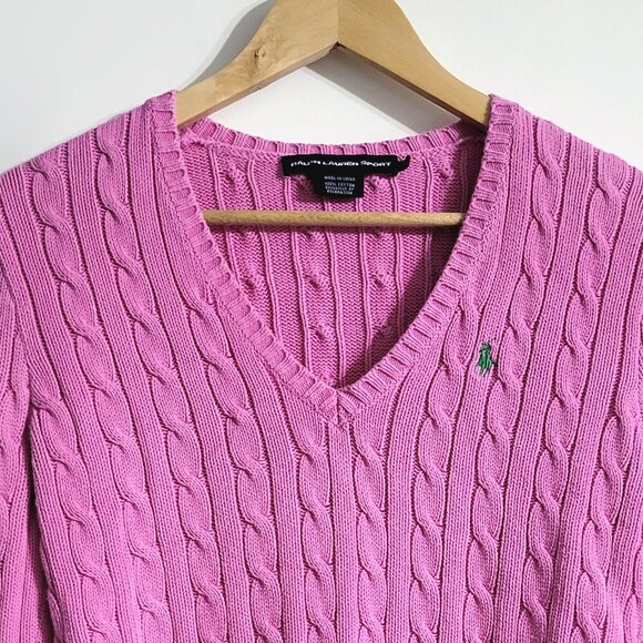 Ralph Lauren Sport Womens Cotton Cable Knit Sweater Size M Pink V-Neck Preppy - Picture 3 of 9